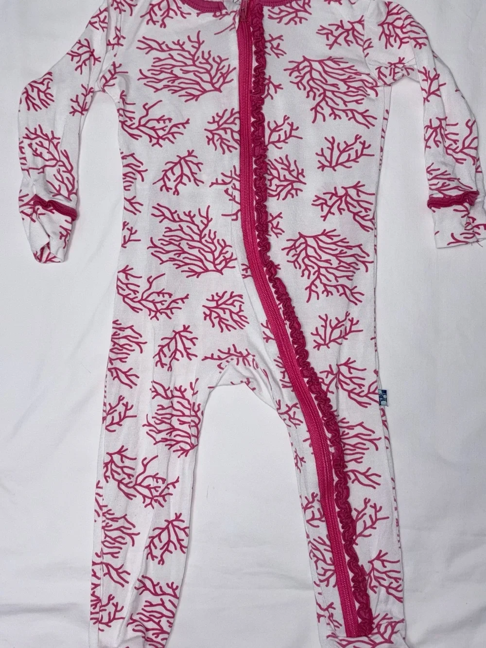 Kickee Pants pink and white sleeper with drop seat sz 12-18 months EUC